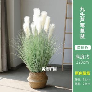 仿真九头芦苇草白绿色(北欧简约藤编盆)高约1.2m