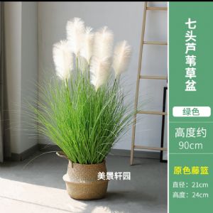 仿真七头芦苇草绿色(北欧简约藤编盆)高约0.9m